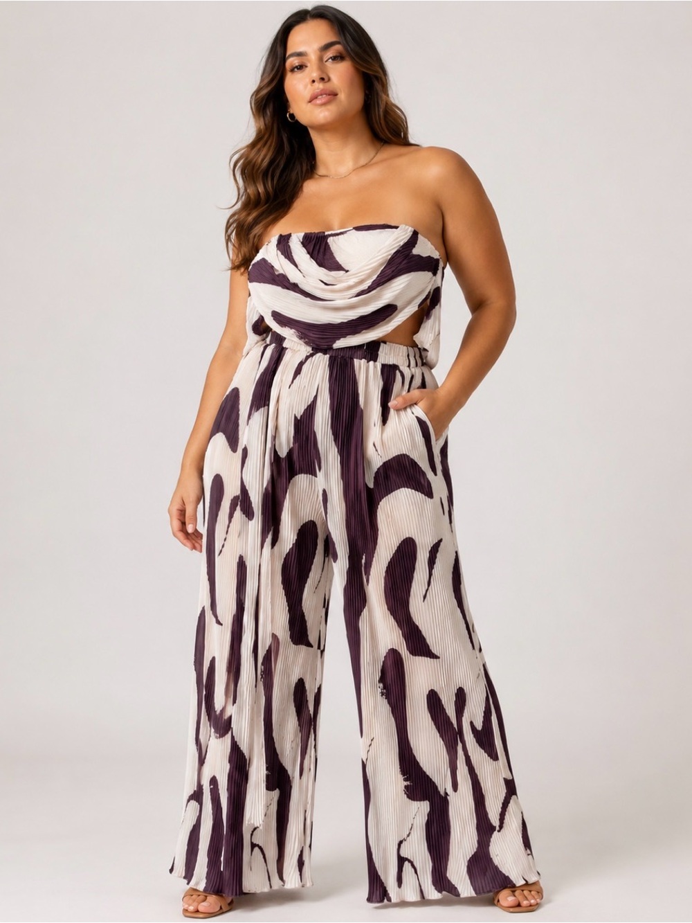 NWT OYOANGLE Pleated Tube Top Wide Leg Pants 2 Piece Set L
